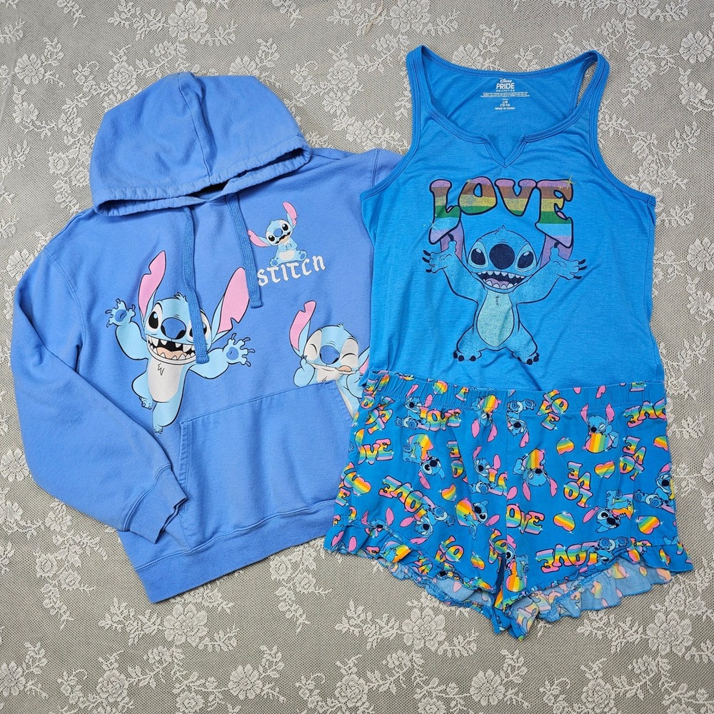 Disney Pride Stitch Pajama Set Tank‎ Top Shorts Hoodie Blue L/G XL Sleepwear Set